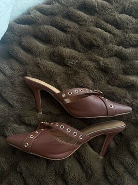 Brown Pointed-Toe Mule Heels with Eyelet Detail - Women